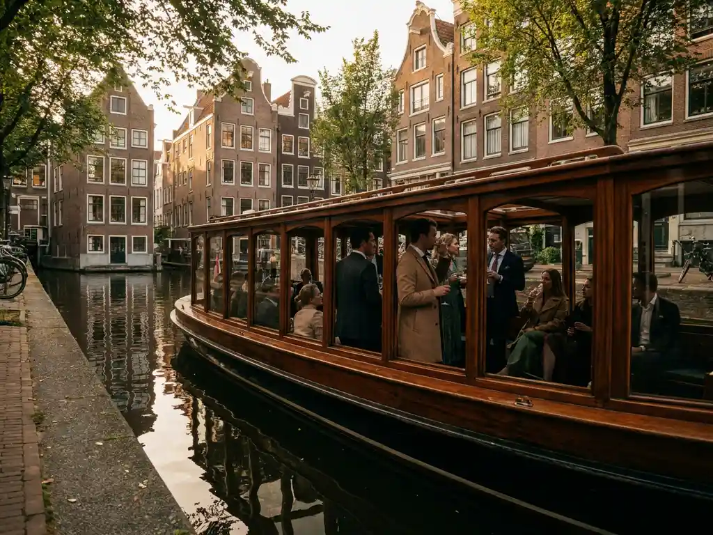 Klassieke overdekte salon tjalk uit 1910 vaart door smalle Amsterdamse grachten met zakenmensen aan boord bij historische grachtenpanden