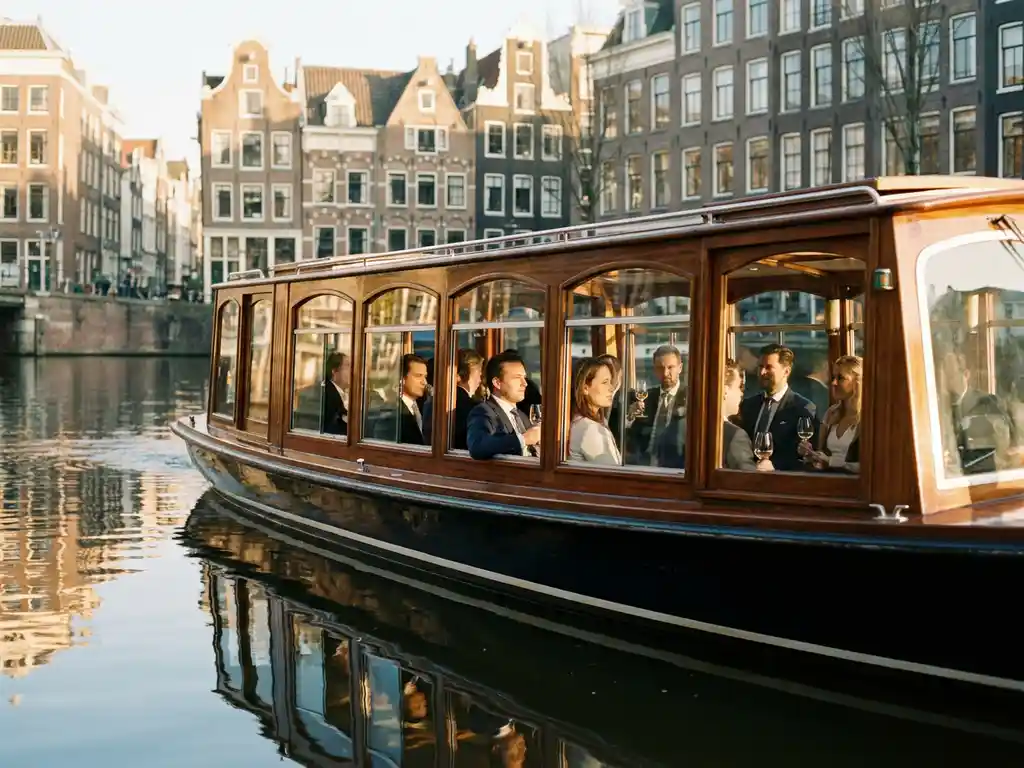 Luxe salonboot met zakelijke gasten vaart door smalle Amsterdamse gracht tussen historische grachtenpanden tijdens gouden uur