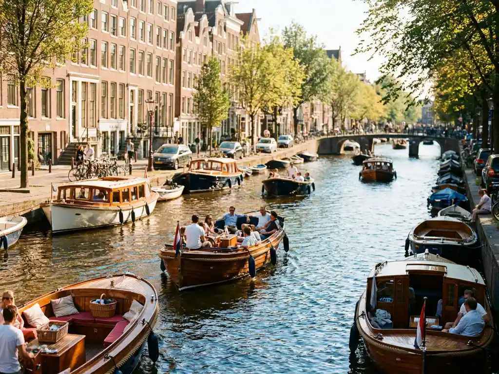 Drukke Amsterdamse gracht vol luxe sloepen en salonboten tussen historische grachtenpanden op zonnige zomerdag