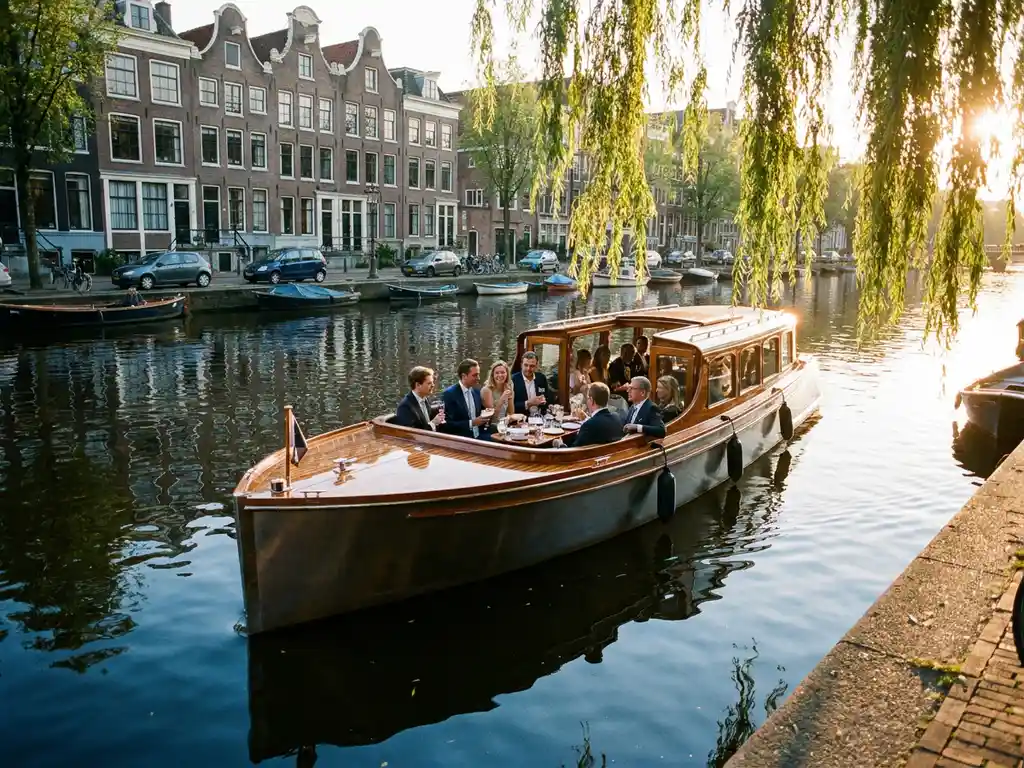 Luxe rondvaartboot met gasten op het dek vaart door Amsterdamse gracht met historische grachtenpanden tijdens gouden uur