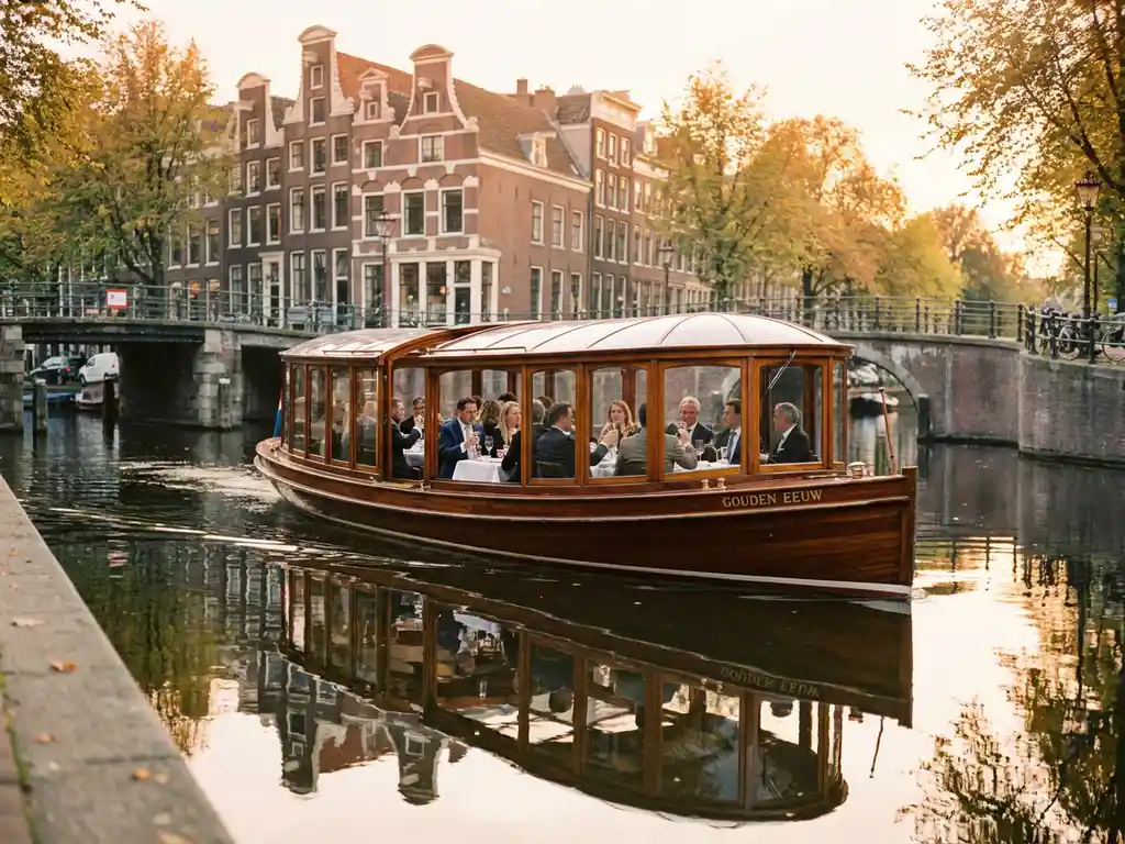 Klassieke overdekte salonboot vaart door smalle Amsterdamse gracht tussen historische grachtenpanden tijdens gouden uur