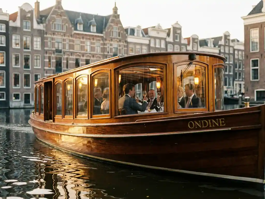 Klassieke overdekte tjalk uit 1910 vaart door smalle Amsterdamse grachten met historische grachtenpanden in gouden avondlicht