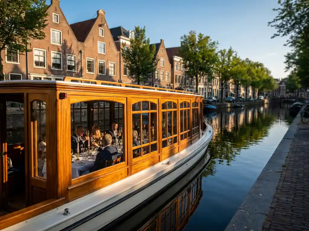 Luxe klassieke overdekte salon tjalk uit 1910 vaart door Amsterdamse grachten met gasten aan diner, historische grachtenpanden weerspiegeld in water