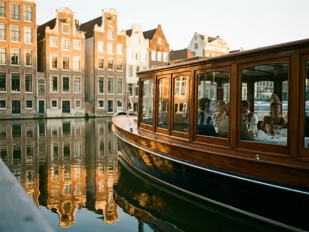 Klassieke overdekte Nederlandse salon tjalk uit 1910 vaart door smalle Amsterdamse grachten met historische grachtenpanden