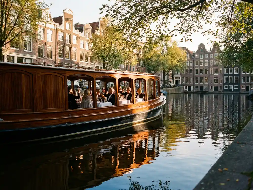 Klassieke overdekte Nederlandse salonboot uit 1910 vaart door smalle Amsterdamse grachten met historische grachtenpanden