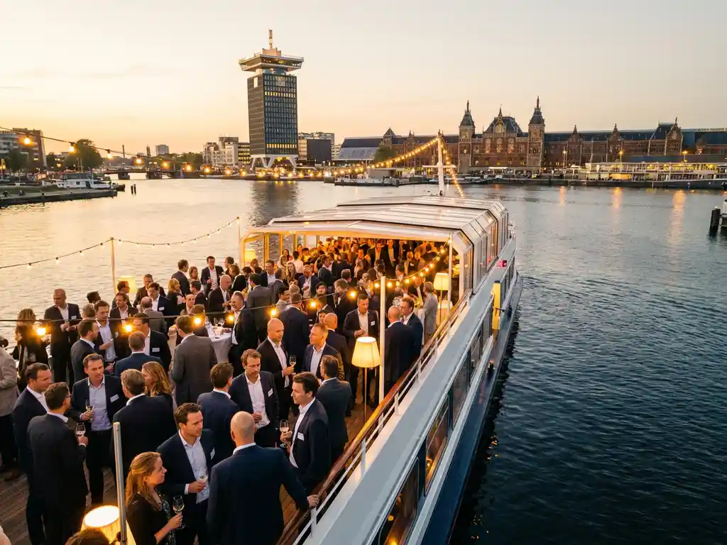 Luxe evenementenschip met zakelijke gasten op het bovendek tijdens netwerkborrel, Amsterdam skyline met A'DAM Tower op achtergrond