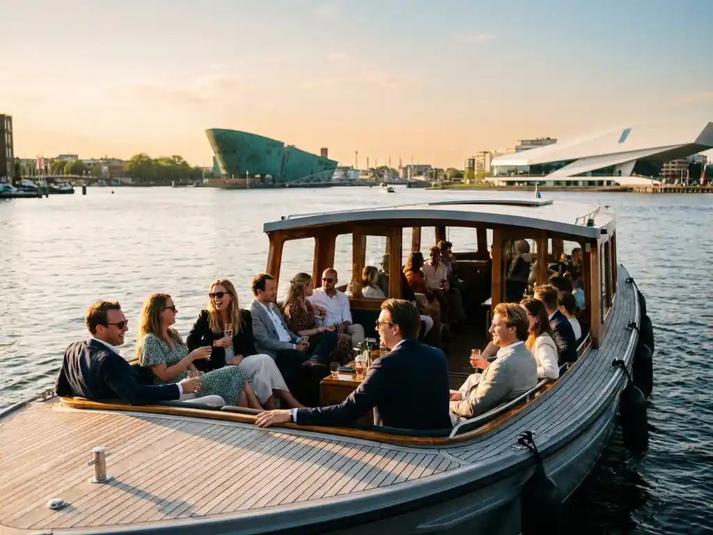 Moderne boot met passagiers op het dek vaart door de IJ-haven van Amsterdam met NEMO en EYE Filmmuseum op de achtergrond