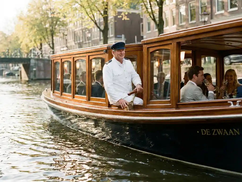 Professionele schipper in wit uniform bestuurt historische iroko houten salonboot door Amsterdamse grachten met gasten aan boord