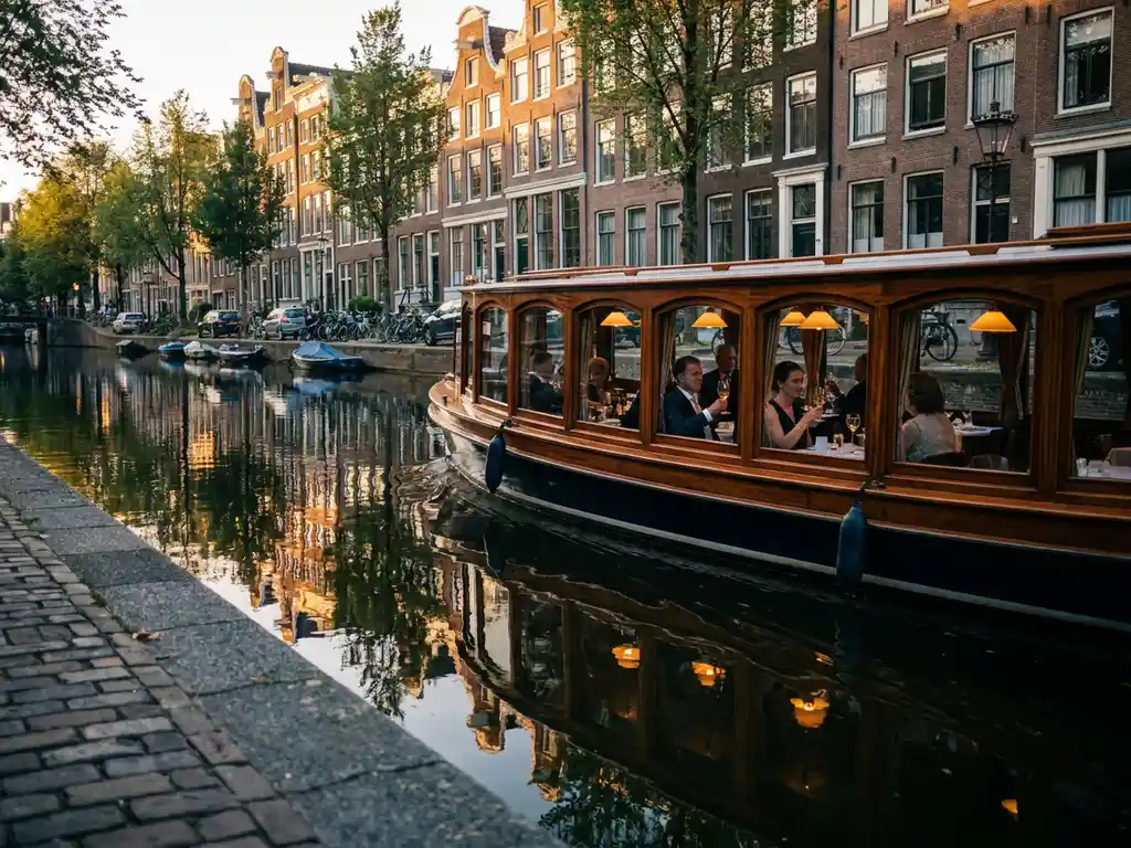 Luxe overdekte salonboot uit 1910 vaart door smalle Amsterdamse gracht met historische grachtenpanden in gouden avondlicht