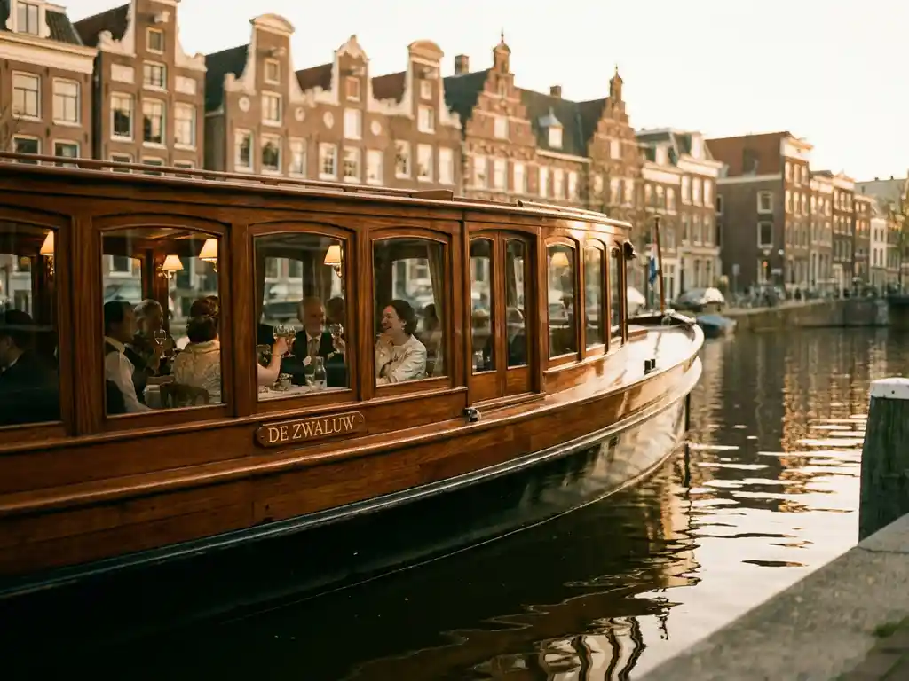 Klassieke overdekte Nederlandse salon tjalk uit 1910 vaart door smalle Amsterdamse grachten met historische grachtenpanden