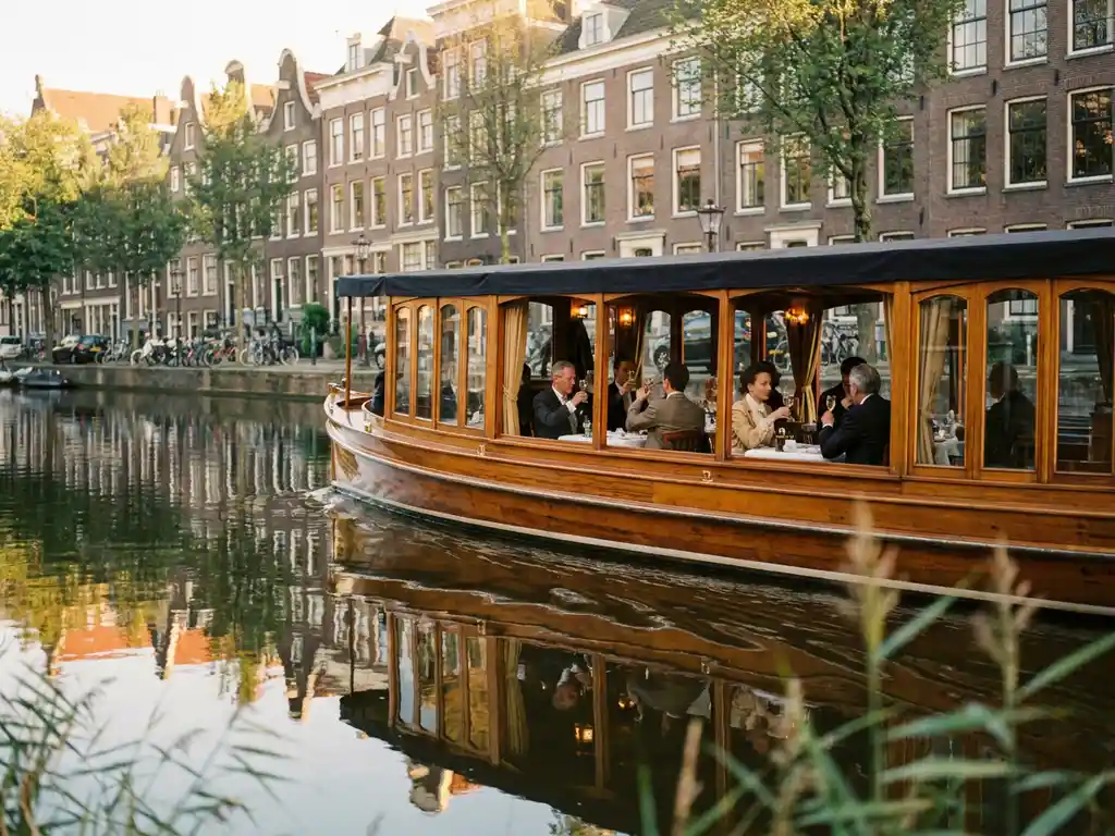 Klassieke overdekte salon tjalk uit 1910 vaart door Amsterdamse grachten met gasten aan boord, historische grachtenpanden weerspiegeld in water