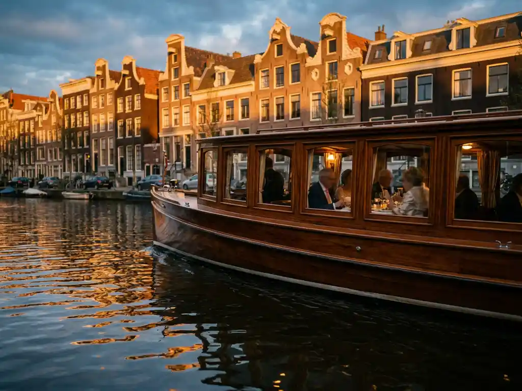 Historische overdekte salon tjalk uit 1910 vaart door Amsterdamse grachten met 17e-eeuwse grachtenpanden weerspiegeld in het water