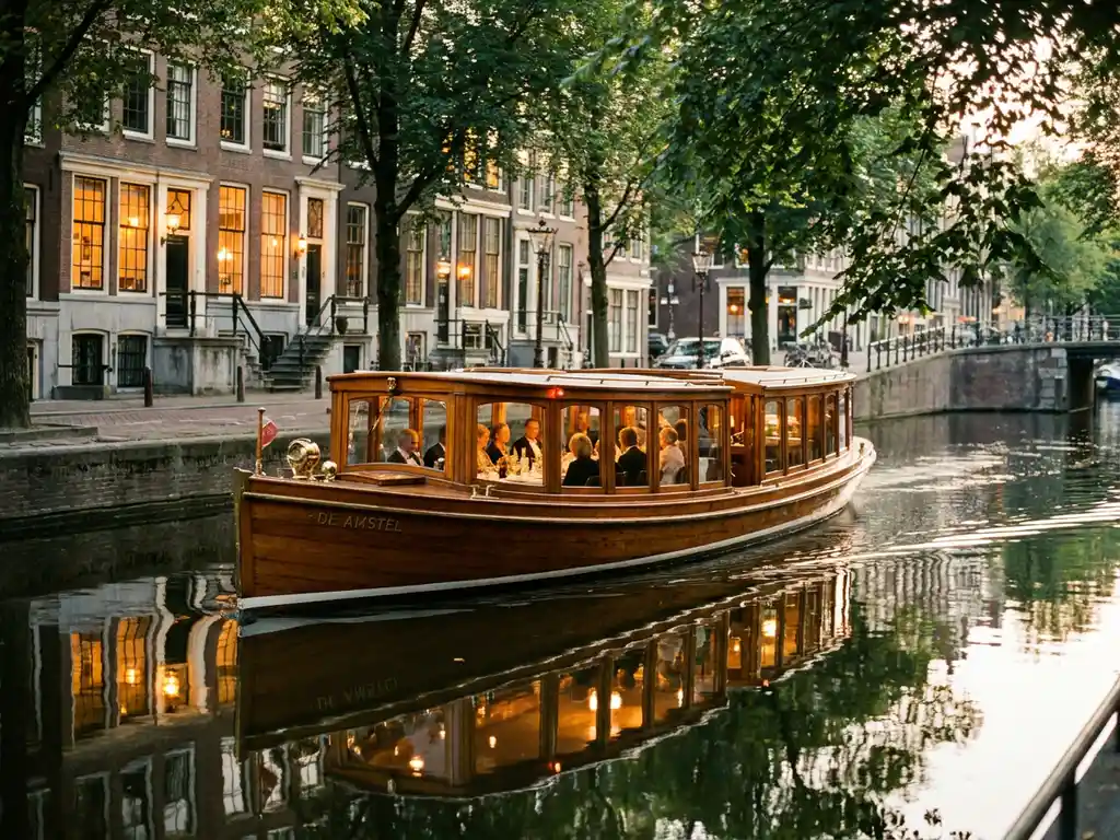 Klassieke iroko houten salonboot uit 1910 vaart door smalle Amsterdamse gracht tijdens gouden uur met historische grachtenpanden
