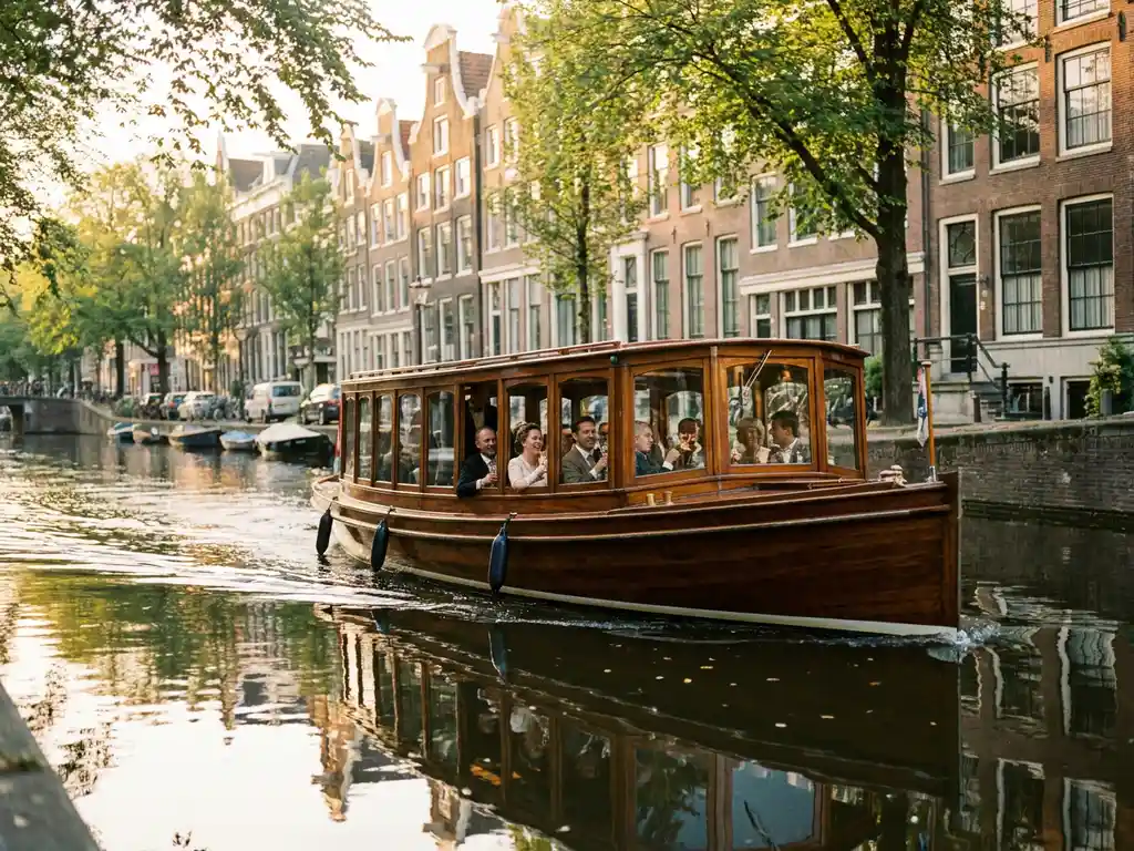 Luxe overdekte salonboot uit 1910 vaart door smalle Amsterdamse gracht met 17e-eeuwse grachtenpanden