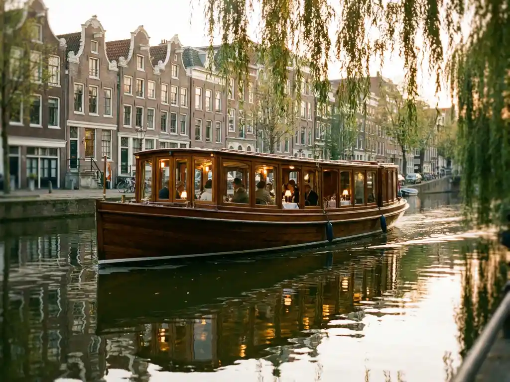 Historische salon tjalk uit 1910 vaart door smalle Amsterdamse gracht met grachtenpanden en etende gasten aan boord