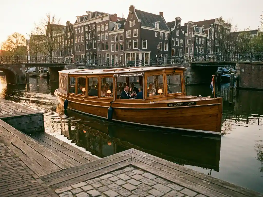 Klassieke overdekte salon tjalk uit 1910 vaart door Amsterdamse grachten met gasten aan boord, historische grachtenpanden weerspiegelen in het water
