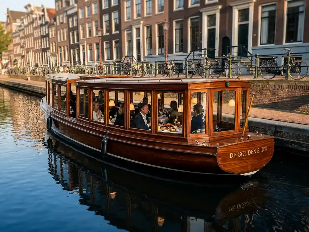 Luxe overdekte salonboot met gepolijst hout vaart door Amsterdamse grachten met gasten aan boord tijdens zonsondergang