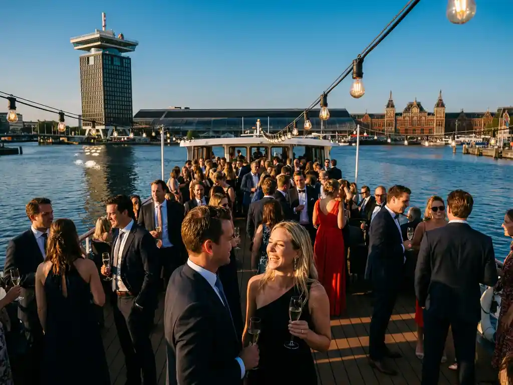 Luxe evenementschip met elegante gasten op het IJ met A'DAM Toren en Centraal Station op de achtergrond tijdens gouden uur