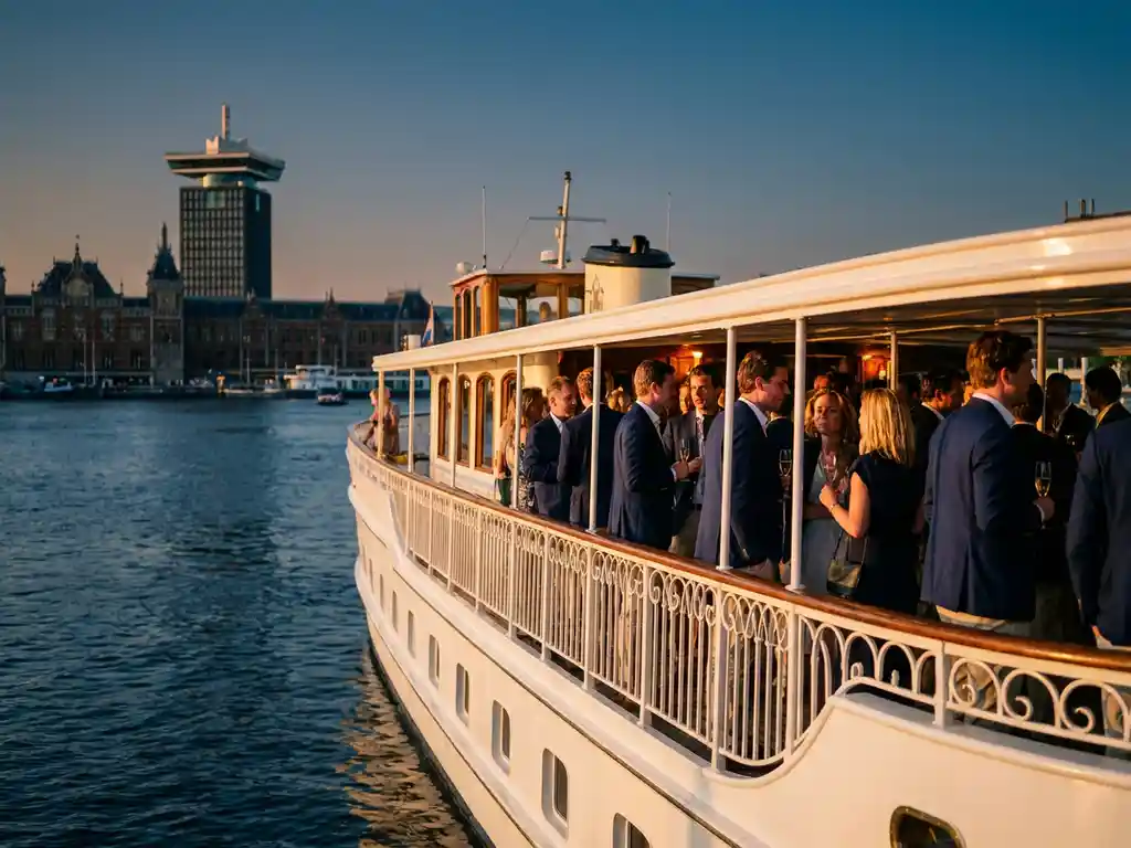 Luxe evenementenschip met elegante gasten op het IJ met uitzicht op Amsterdam skyline tijdens gouden uur