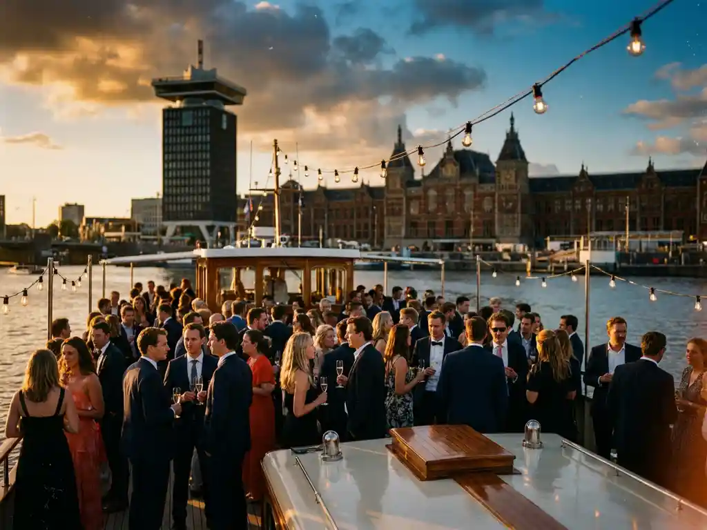 Luxe evenementenschip met elegante gasten op het dek vaart door Amsterdam IJ met skyline van A'DAM Tower en Centraal Station
