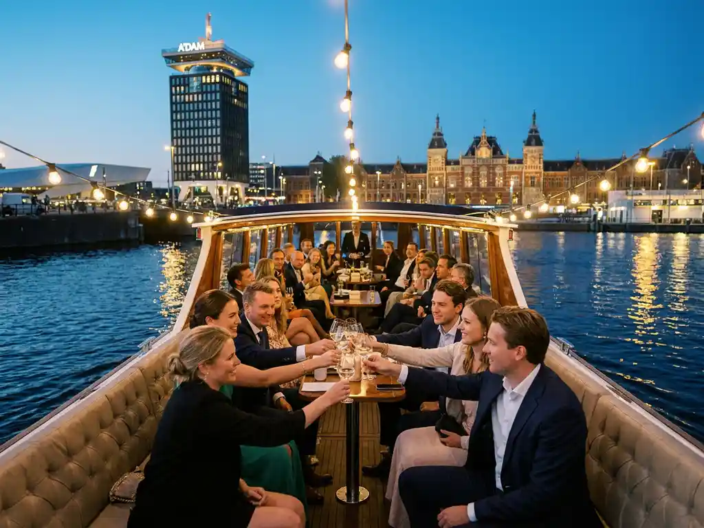Luxe evenementenschip met gasten op het dek tijdens receptie, Amsterdam skyline met A'DAM Toren en Centraal Station op achtergrond
