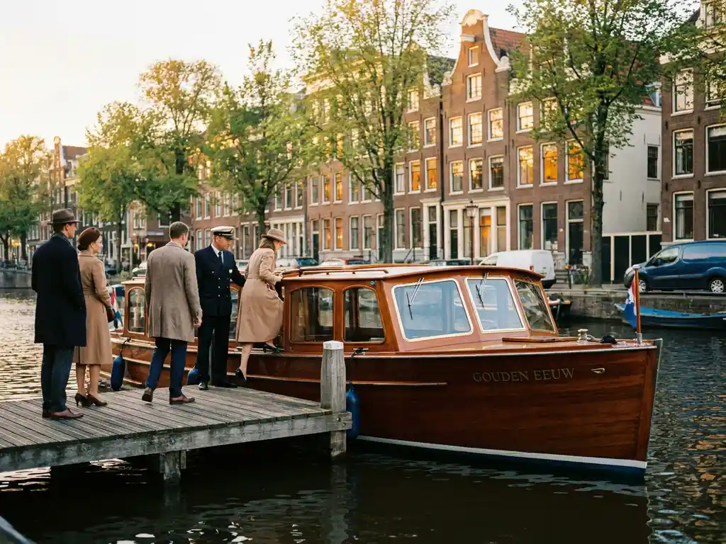 Luxe salonboot met houten exterieur aangemeerd bij Amsterdamse gracht, passagiers stappen aan boord met hulp van bemanning