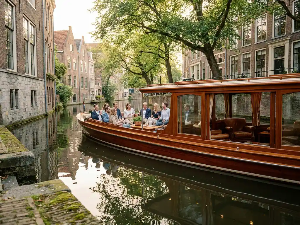 Luxe salonboot met acht passagiers vaart door smalle Amsterdamse gracht tussen historische grachtenpanden