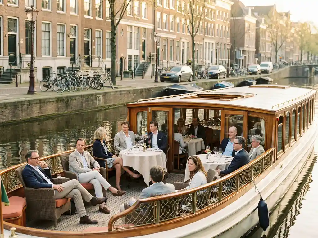 Luxe salonboot vaart door Amsterdamse grachten met passagiers op ruim houten dek, historische grachtenpanden op achtergrond