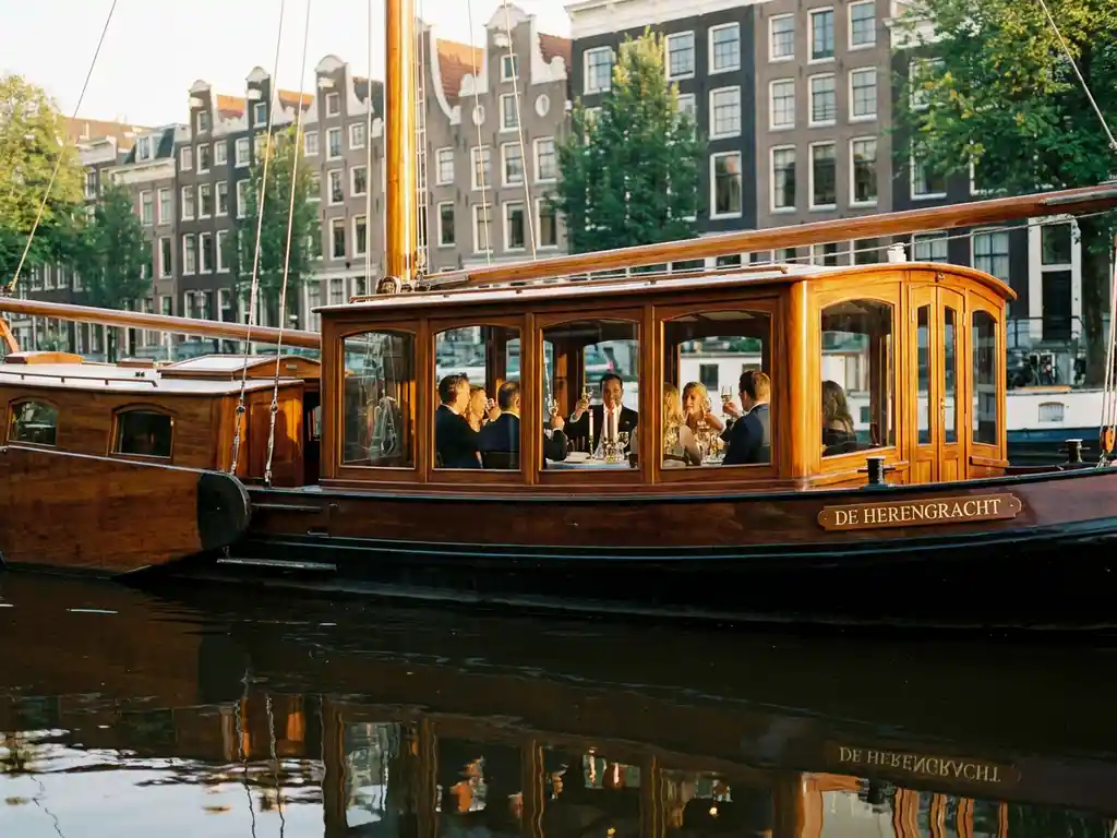 Luxueuze overdekte tjalk uit 1910 vaart door Amsterdamse Herengracht met gasten aan diner in salon, historische grachtenpanden weerspiegeld in water