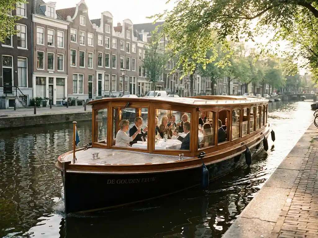 Luxueuze salonboot met iroko houten romp vaart door smalle Amsterdamse gracht, gasten dineren binnen, historische grachtenpanden weerspiegelen in water