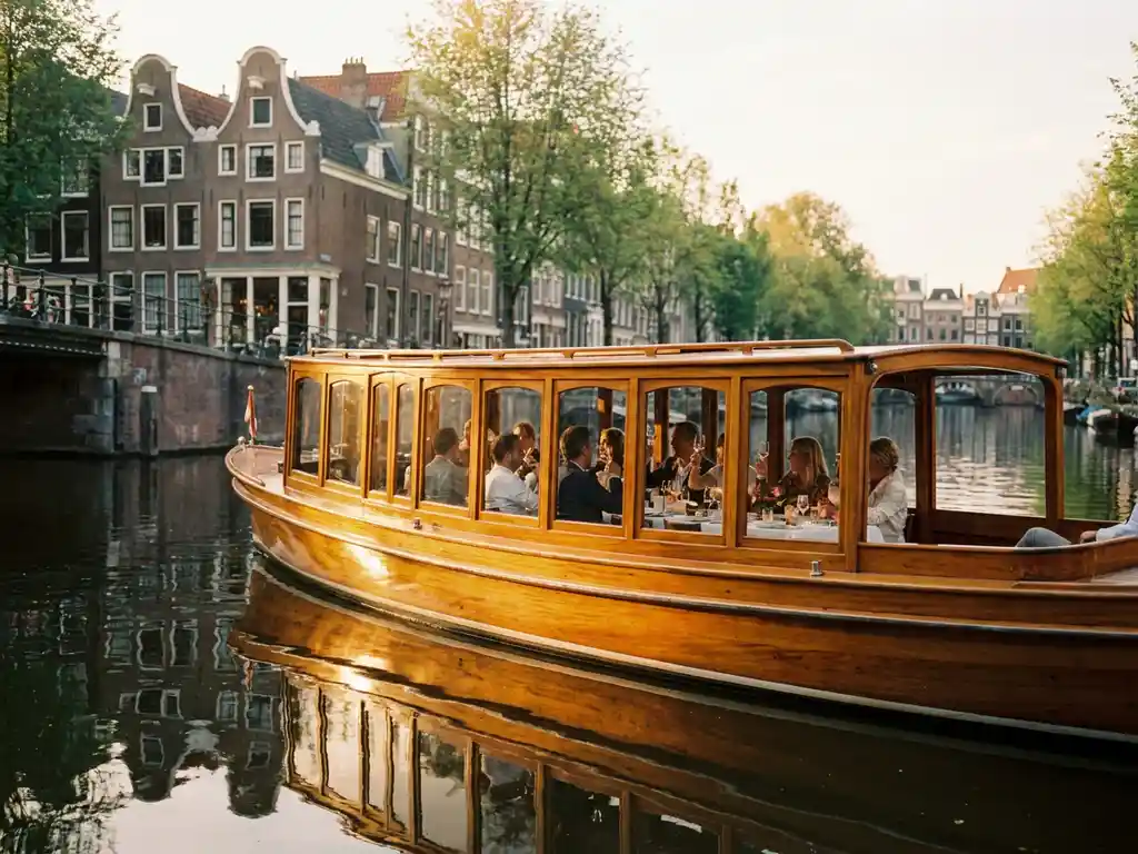 Klassieke iroko houten salonboot met gasten aan boord vaart door smalle Amsterdamse gracht met historische grachtenpanden