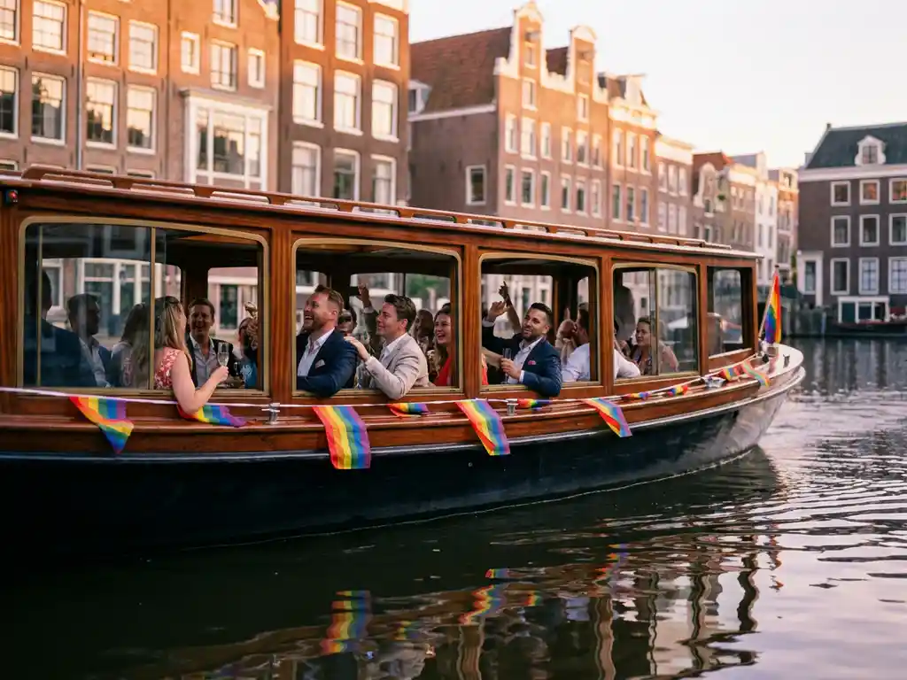 Luxe salonboot met regenboogvlaggen vaart door Amsterdamse gracht tijdens gouden uur, feestvierende gasten zichtbaar