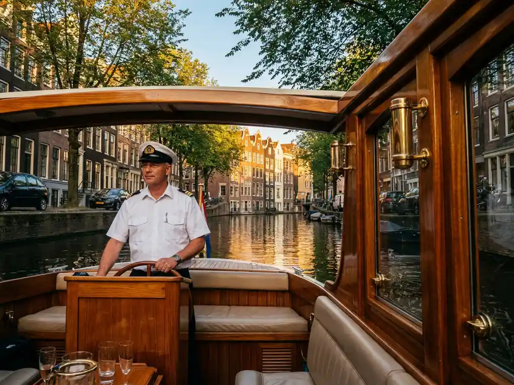 Professionele bootkapitein in wit uniform bestuurt klassieke houten salonboot door smalle Amsterdamse grachten met historische gevels