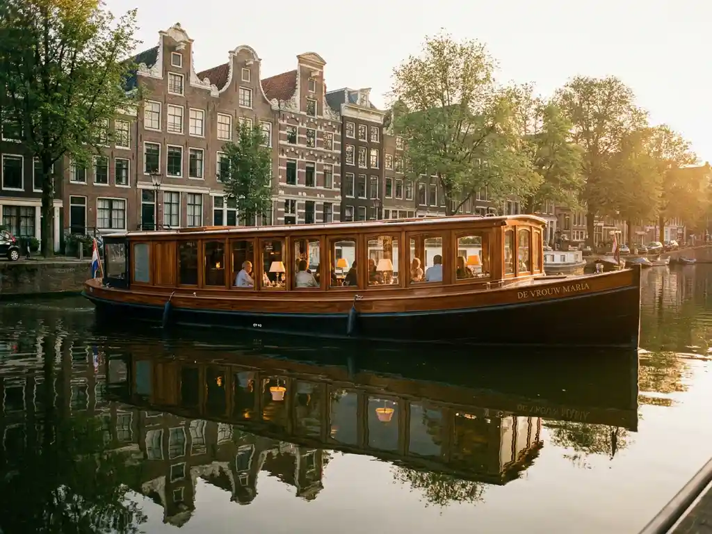 Klassieke overdekte salon tjalk uit 1910 vaart door smalle Amsterdamse grachten, historische grachtenpanden weerspiegelen in water
