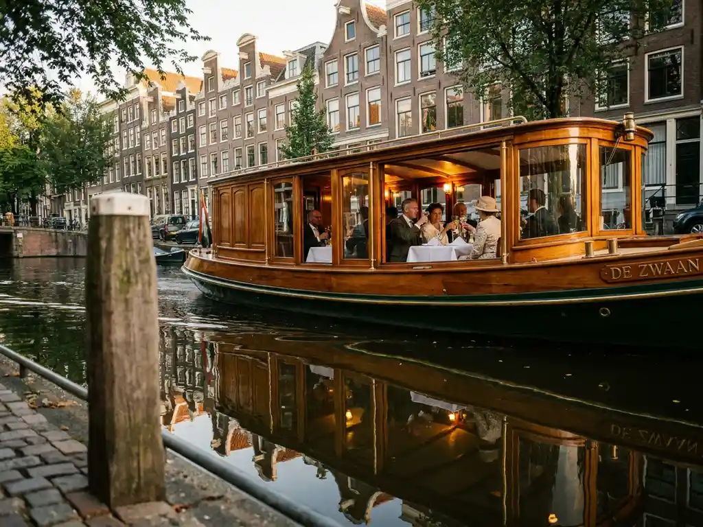 Klassieke overdekte tjalk uit 1910 vaart door smalle Amsterdamse grachten, gasten dineren in salon, historische grachtenpanden