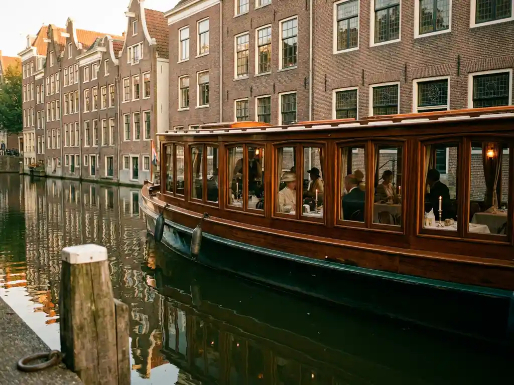 Klassieke overdekte tjalk uit 1910 vaart door smalle Amsterdamse grachten met historische grachtenpanden weerspiegeld in het water