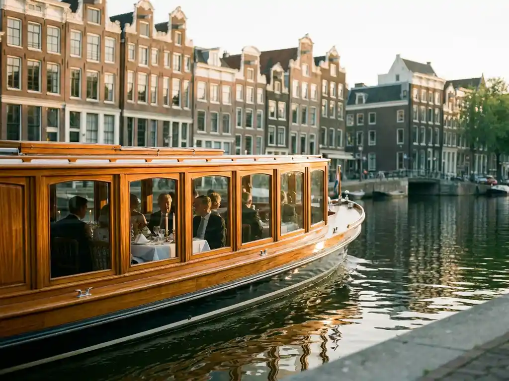 Historische overdekte tjalk uit 1910 vaart door Amsterdamse grachten met gasten in salon, gouden avondlicht op gepolijst hout