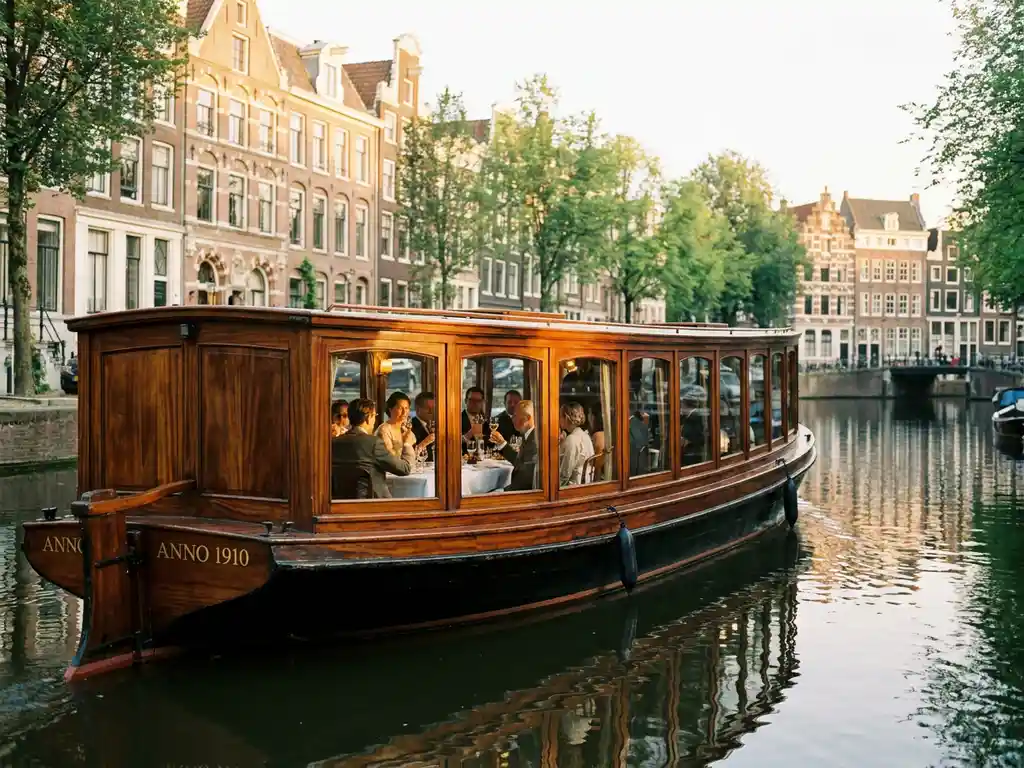 Klassieke overdekte tjalk uit 1910 vaart door smalle Amsterdamse grachten met glanzend iroko hout en historische grachtenpanden