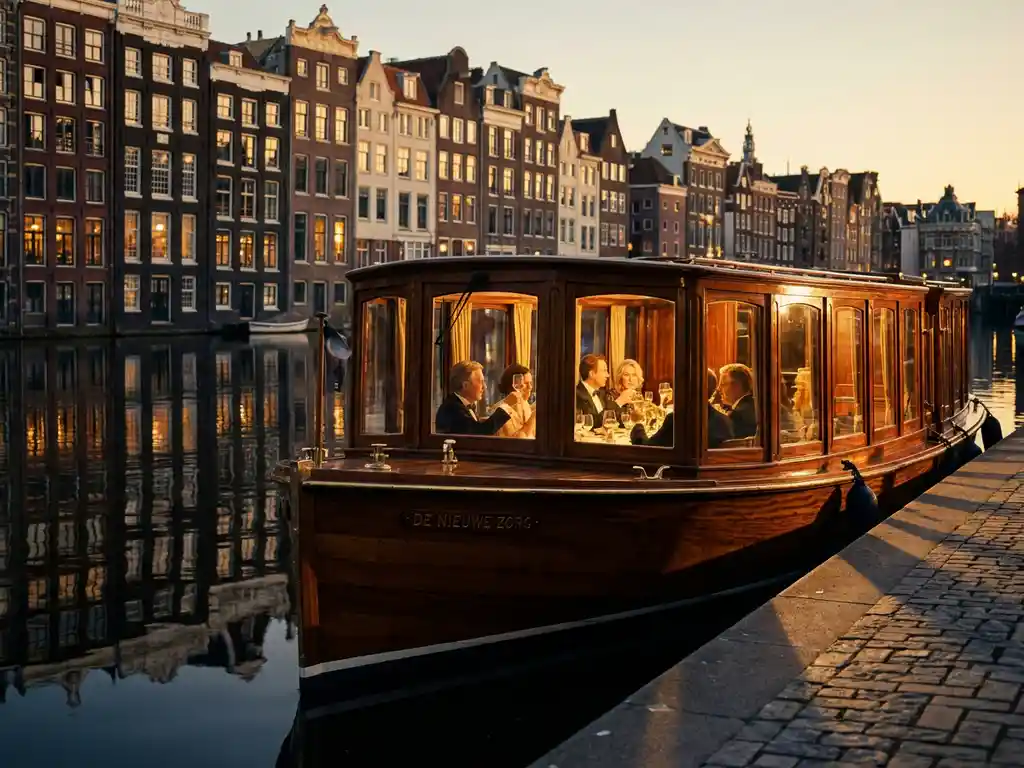 Klassieke overdekte Nederlandse salonkotter uit 1910 vaart door Amsterdamse grachten met 17e-eeuwse grachtenpanden