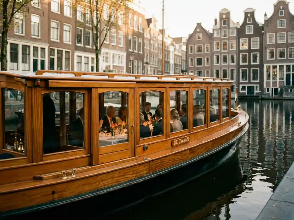 Klassieke overdekte Nederlandse salon tjalk uit 1910 vaart door smalle Amsterdamse grachten met historische grachtenpanden