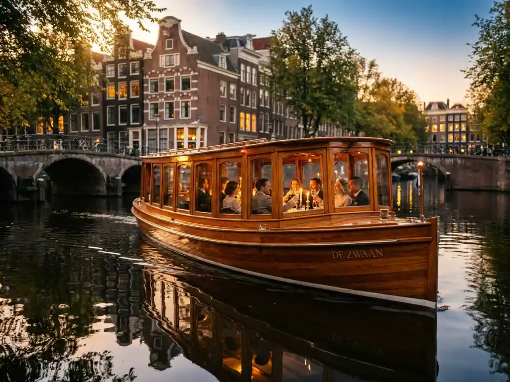Klassieke overdekte Nederlandse salonboot uit 1910 vaart door smalle Amsterdamse gracht, gasten dineren in glazen salon