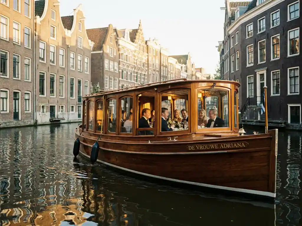 Klassieke overdekte Nederlandse salonboot uit 1910 vaart door smalle Amsterdamse grachten tijdens gouden uur