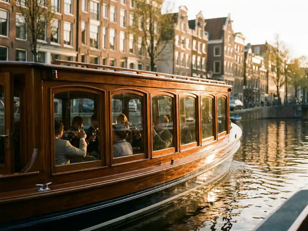 Klassieke overdekte tjalk uit 1910 vaart door smalle Amsterdamse grachten met glanzend iroko hout en historische grachtenpanden