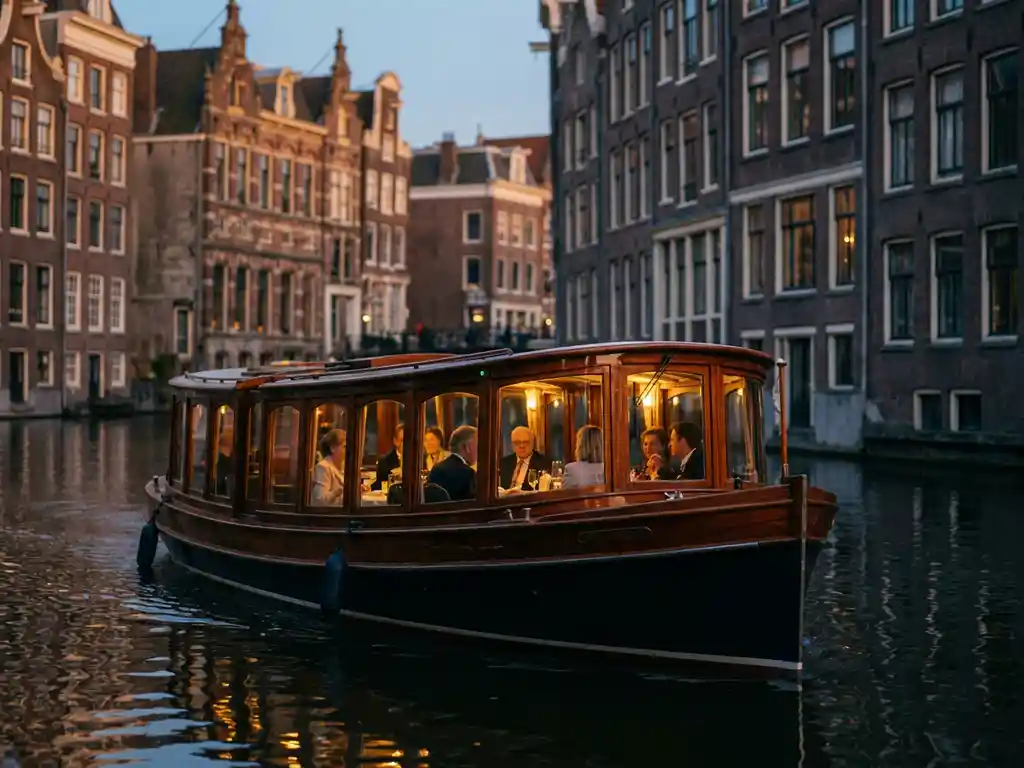 Klassieke overdekte salon tjalk uit 1910 vaart door smalle Amsterdamse grachten met glanzend iroko hout en historische grachtenpanden