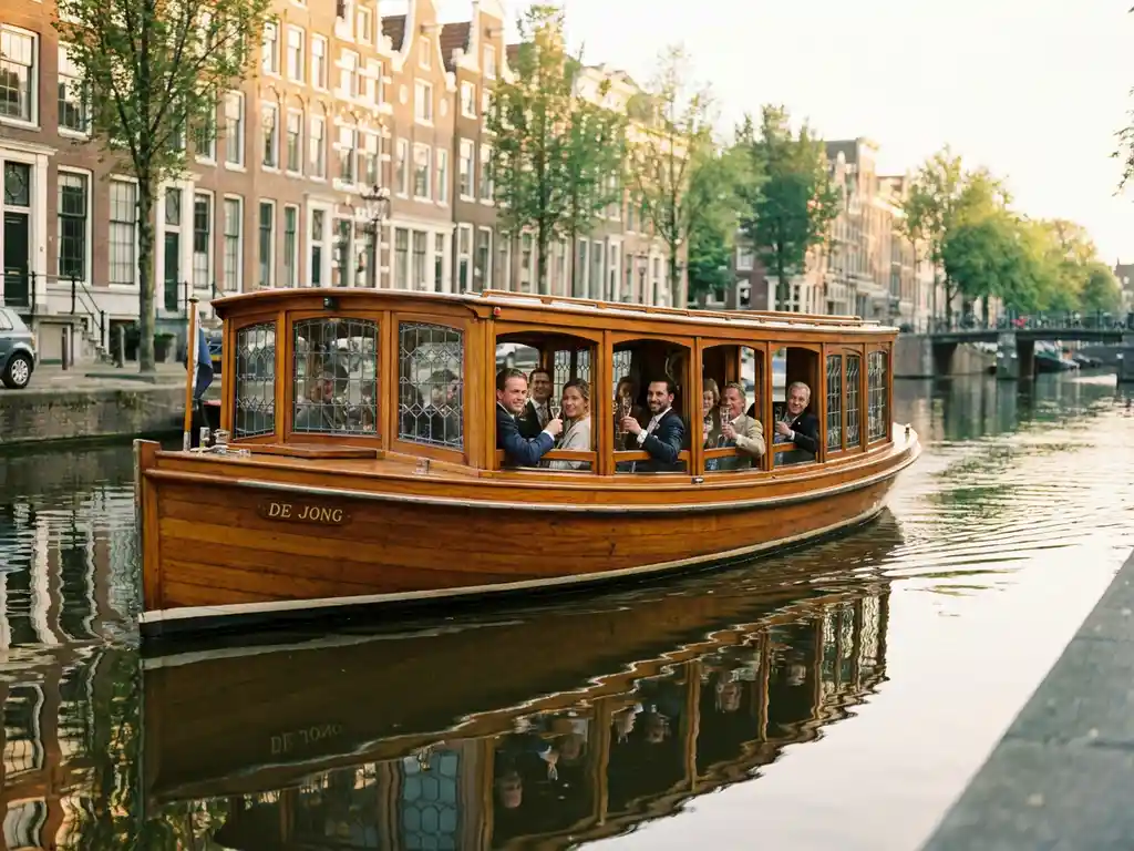 Klassieke overdekte salon tjalk uit 1910 vaart door smalle Amsterdamse grachten, gasten heffen glazen in historische setting