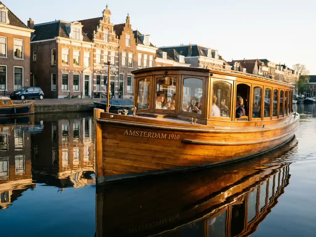 Klassieke overdekte Nederlandse salonboot uit 1910 vaart door smalle Amsterdamse gracht met historische grachtenpanden