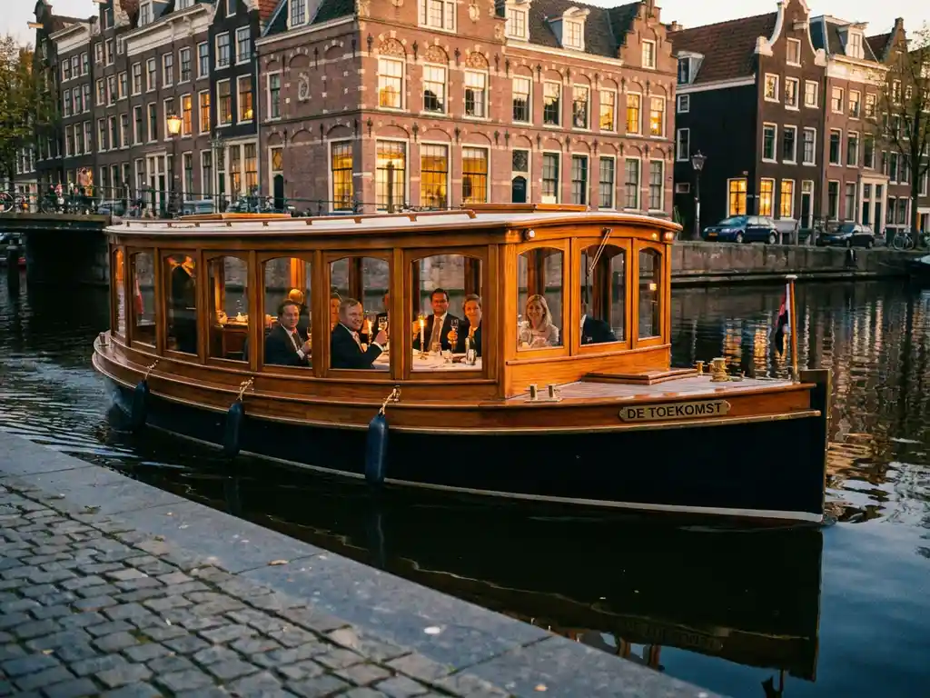 Klassieke overdekte Nederlandse salonboot uit 1910 vaart door smalle Amsterdamse grachten met historische gevels