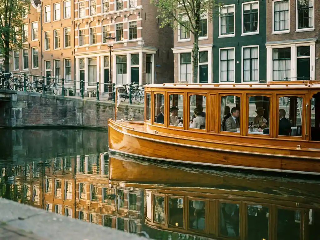 Klassieke overdekte tjalk uit 1910 vaart door smalle Amsterdamse grachten met historische 17e-eeuwse grachtenpanden