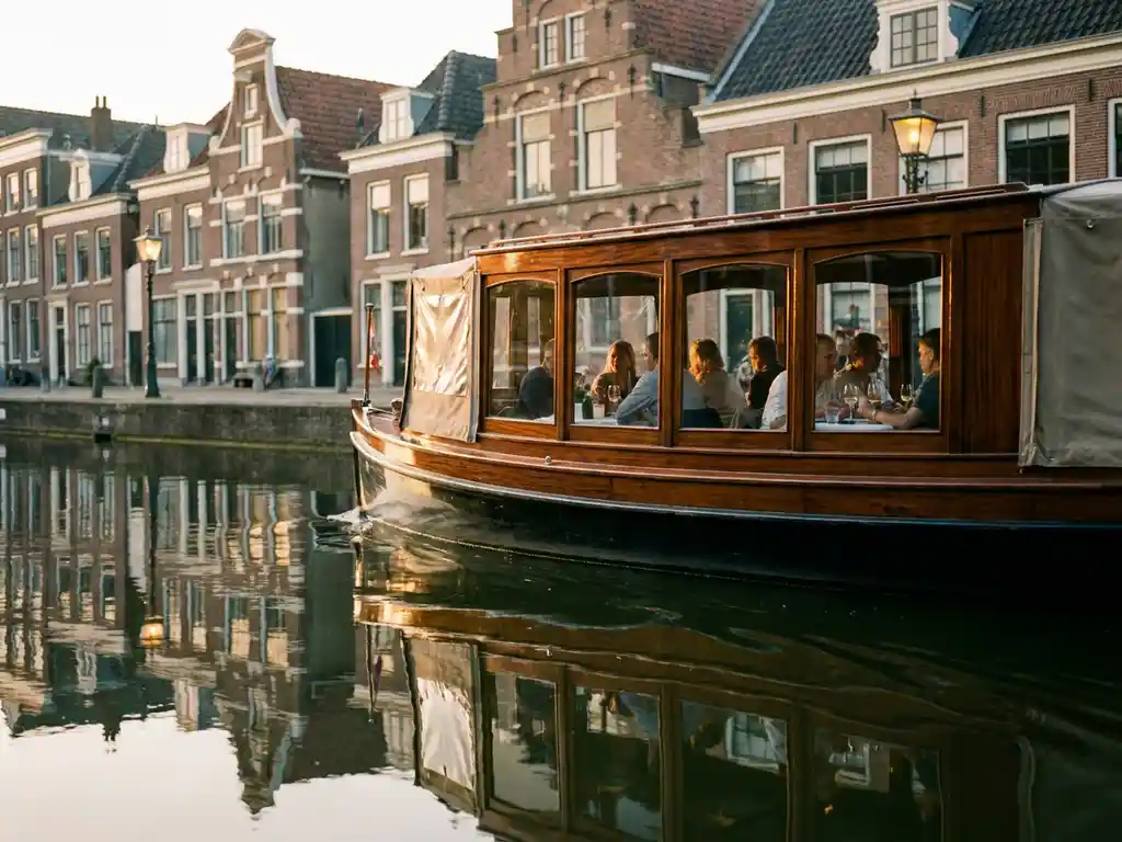 Klassieke overdekte salon tjalk uit 1910 vaart door rustige Amsterdamse grachten met glanzend iroko hout en historische grachtenpanden
