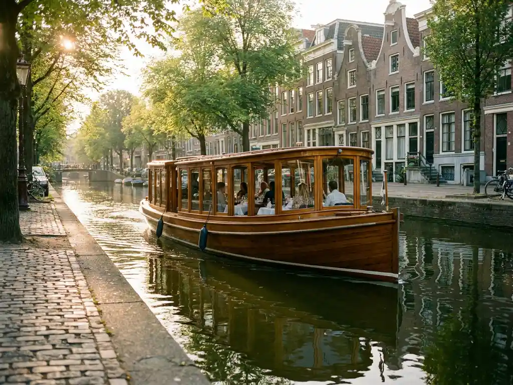 Klassieke overdekte salon tjalk uit 1910 vaart door smalle Amsterdamse grachten, gasten dineren binnen terwijl historische grachtenpanden weerspiegelen in het water